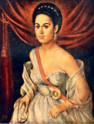 A painting of a woman in a white dress.